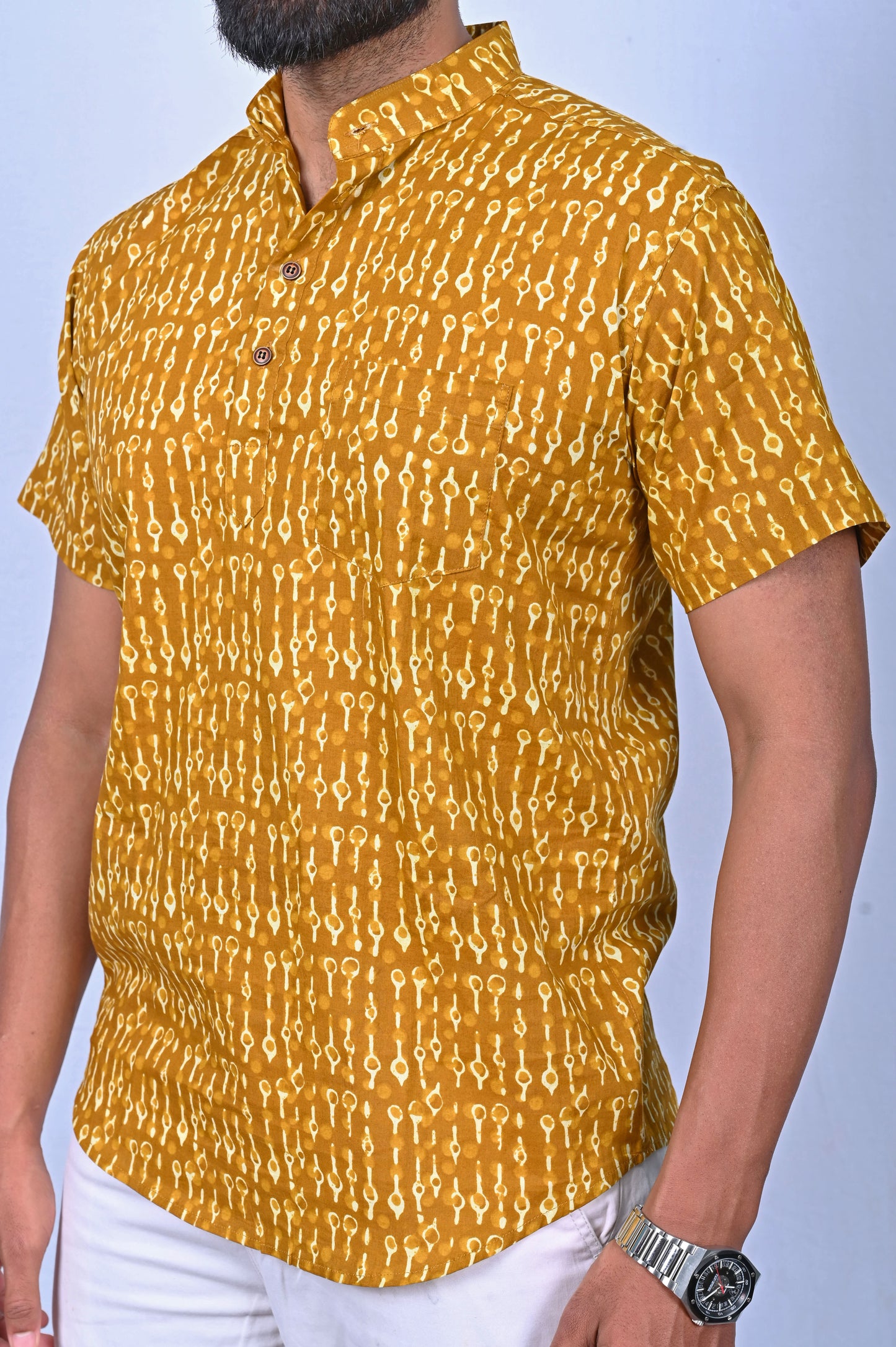 Yellow block printed Short Kurta