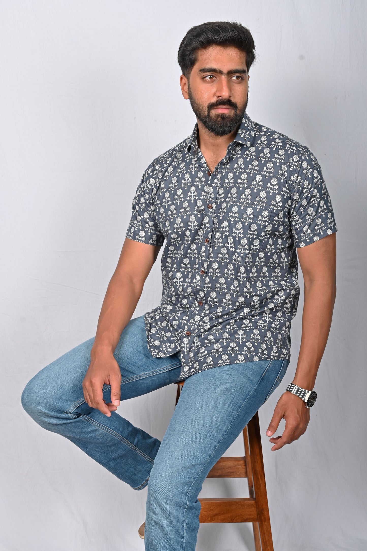 Shirt - Blue grey printed shirt